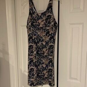 Kyodan Navy and Beige Leaf Print Mini Dress